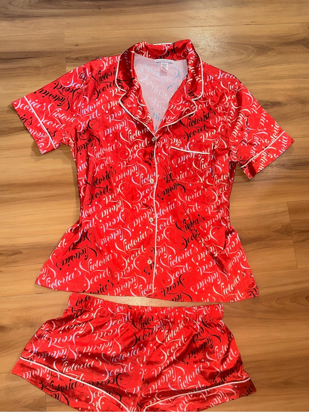 Victoria's Secret Red Script Satin Short Pajama Set